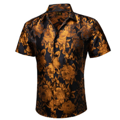 Gold Black Floral Jacquard Short Sleeve Button Up Shirt for Men