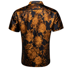 Gold Black Floral Jacquard Short Sleeve Button Up Shirt for Men