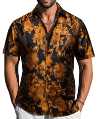 Gold Black Floral Jacquard Short Sleeve Button Up Shirt for Men