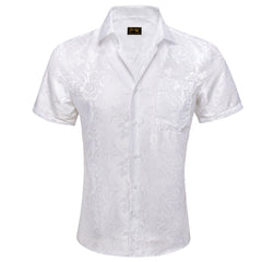 White Paisley Jacquard Short Sleeve Button Up Shirt for Men