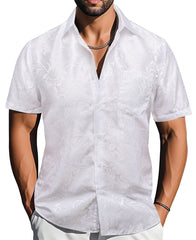 White Paisley Jacquard Short Sleeve Button Up Shirt for Men