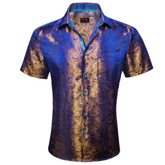 Golden Blue Paisley Jacquard Short Sleeve Button Up Shirt for Men