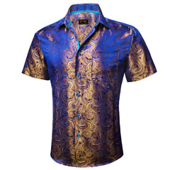 Golden Blue Paisley Jacquard Short Sleeve Button Up Shirt for Men