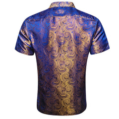 Golden Blue Paisley Jacquard Short Sleeve Button Up Shirt for Men