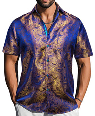 Golden Blue Paisley Jacquard Short Sleeve Button Up Shirt for Men