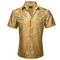 Golden Paisley Jacquard Short Sleeve Button Up Shirt for Men