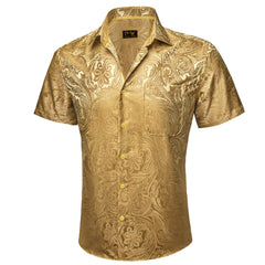 Golden Paisley Jacquard Short Sleeve Button Up Shirt for Men