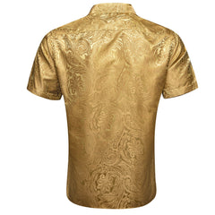 Golden Paisley Jacquard Short Sleeve Button Up Shirt for Men