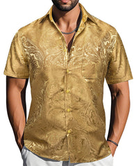 Golden Paisley Jacquard Short Sleeve Button Up Shirt for Men