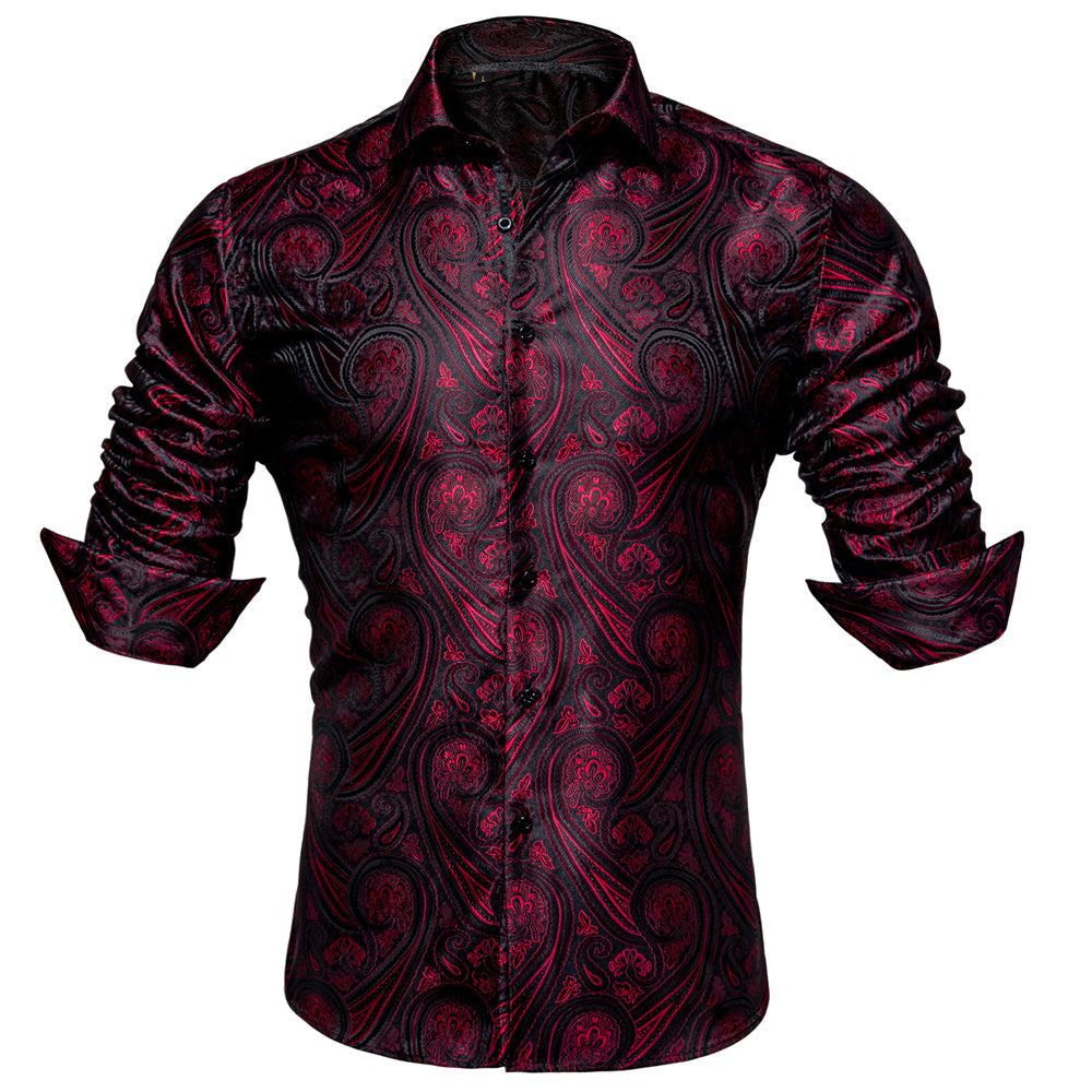 Mens Western Shirt Silk Burgundy Paisley Long Sleeve Button Down Dress Shirt