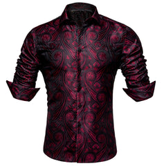 Mens Western Shirt Silk Burgundy Paisley Long Sleeve Button Down Dress Shirt