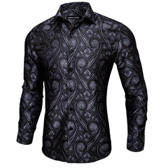 Mens Western Shirt Black Grey Paisley Long Sleeve Button Down Dress Shirt