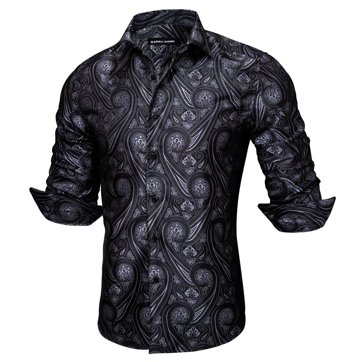 Mens Western Shirt Black Grey Paisley Long Sleeve Button Down Dress Shirt