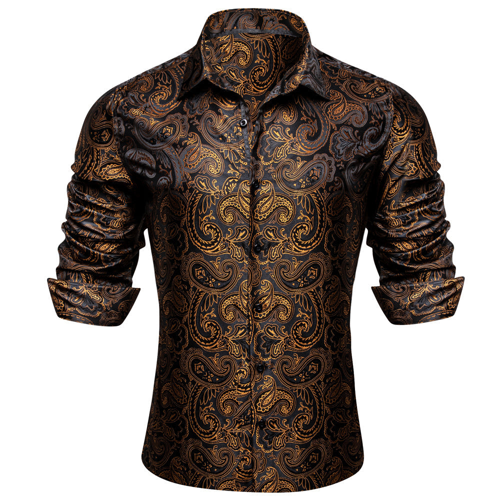 Gold Casual Shirt for Men Paisley Long Sleeve Button Down Shirt