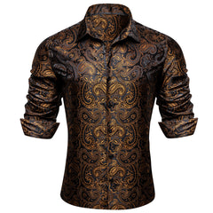 Gold Casual Shirt for Men Paisley Long Sleeve Button Down Shirt