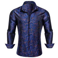 Mens Paisley Dress Shirt Navy Blue 70s Disco Long Sleeve Button Down Shirt
