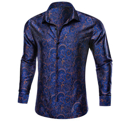 Mens Paisley Dress Shirt Navy Blue 70s Disco Long Sleeve Button Down Shirt