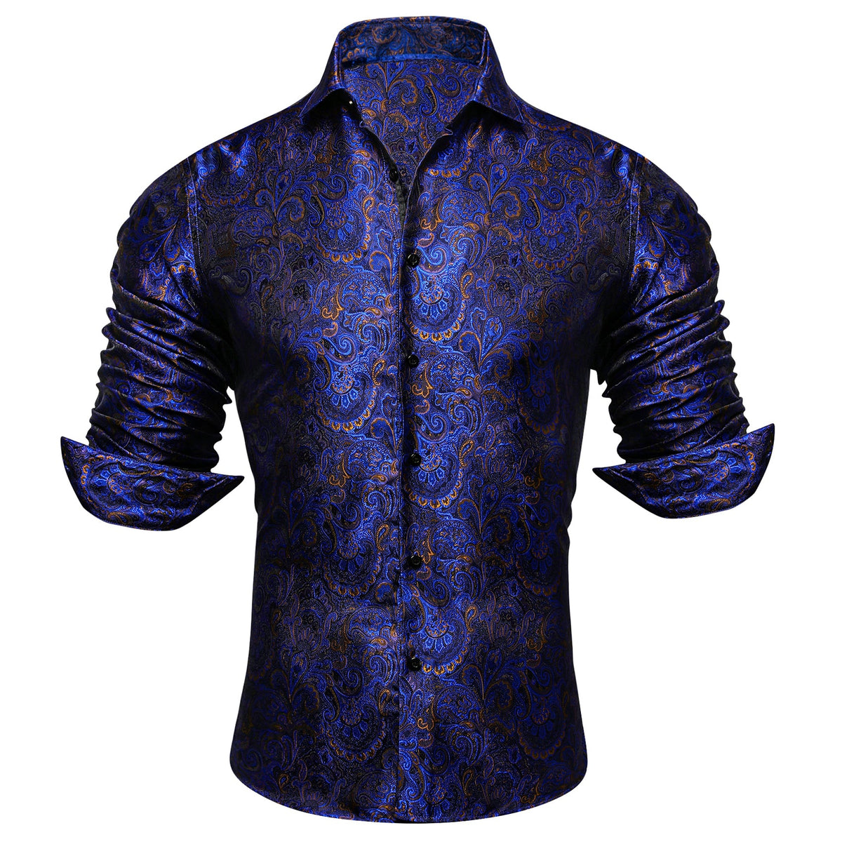Mens Paisley Dress Shirt Navy Blue 70s Disco Long Sleeve Button Down Shirt