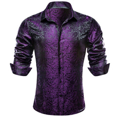 Mens Purple Dress Shirt Paisley Silk Long Sleeve Button Down Shirt