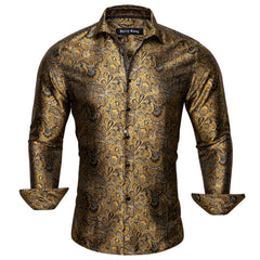 Mens Gold Dress Shirt Paisley Silk Long Sleeve Button Down Shirt