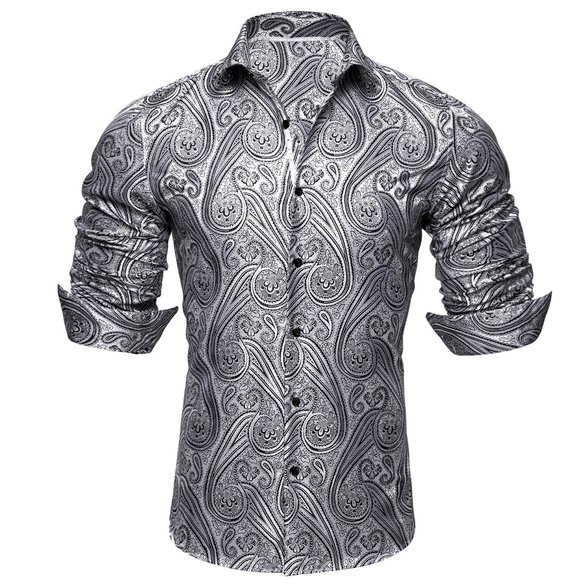 Silver Button Down Shirt Floral Casual Long Sleeve Western Shirts for Party