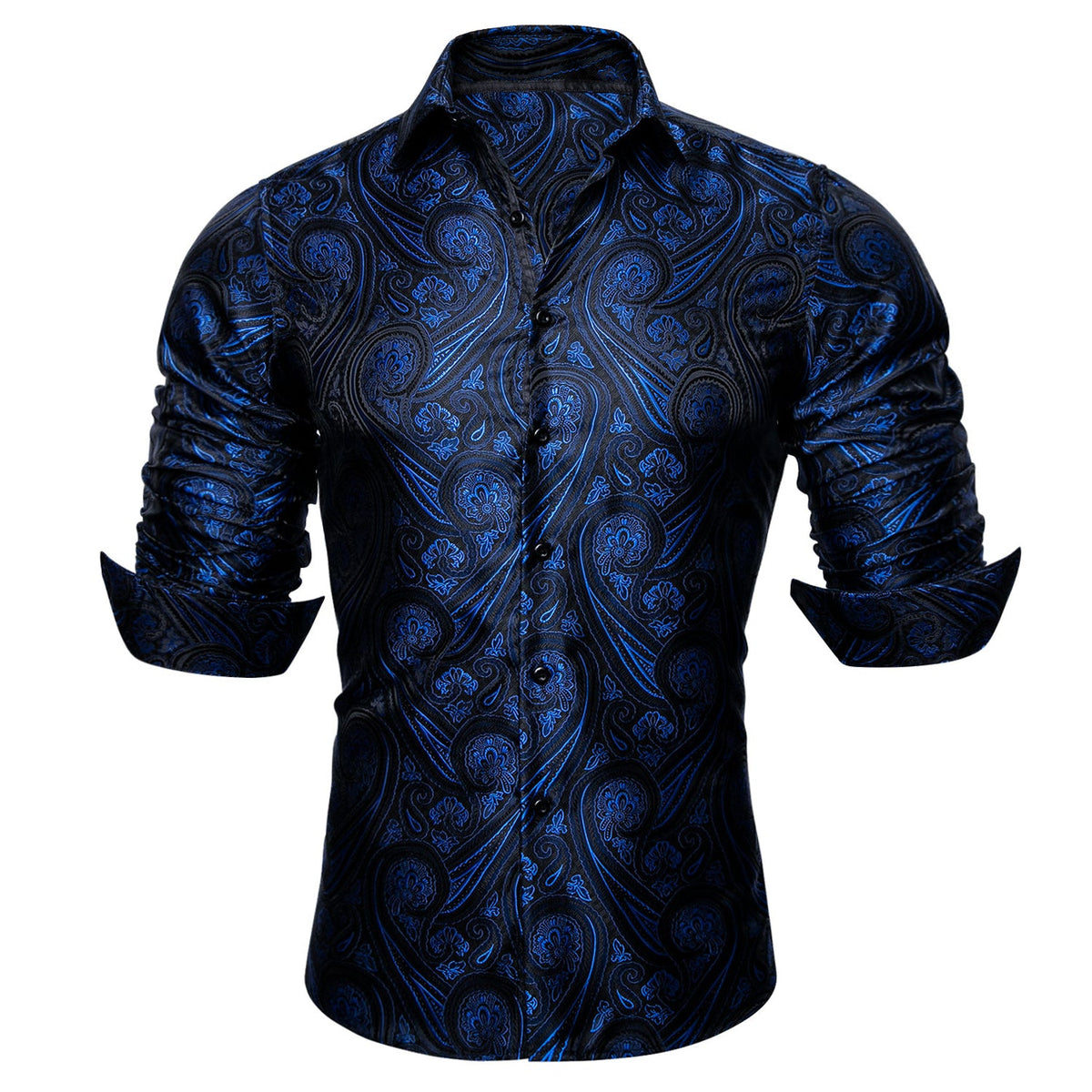 Mens Western Shirt Black Navy Blue Paisley Long Sleeve Button Down Dress Shirt