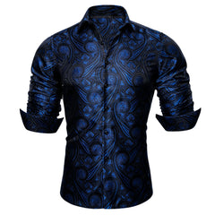 Mens Western Shirt Black Navy Blue Paisley Long Sleeve Button Down Dress Shirt