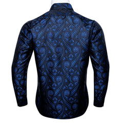 Mens Western Shirt Black Navy Blue Paisley Long Sleeve Button Down Dress Shirt