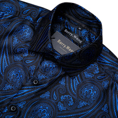 Mens Western Shirt Black Navy Blue Paisley Long Sleeve Button Down Dress Shirt