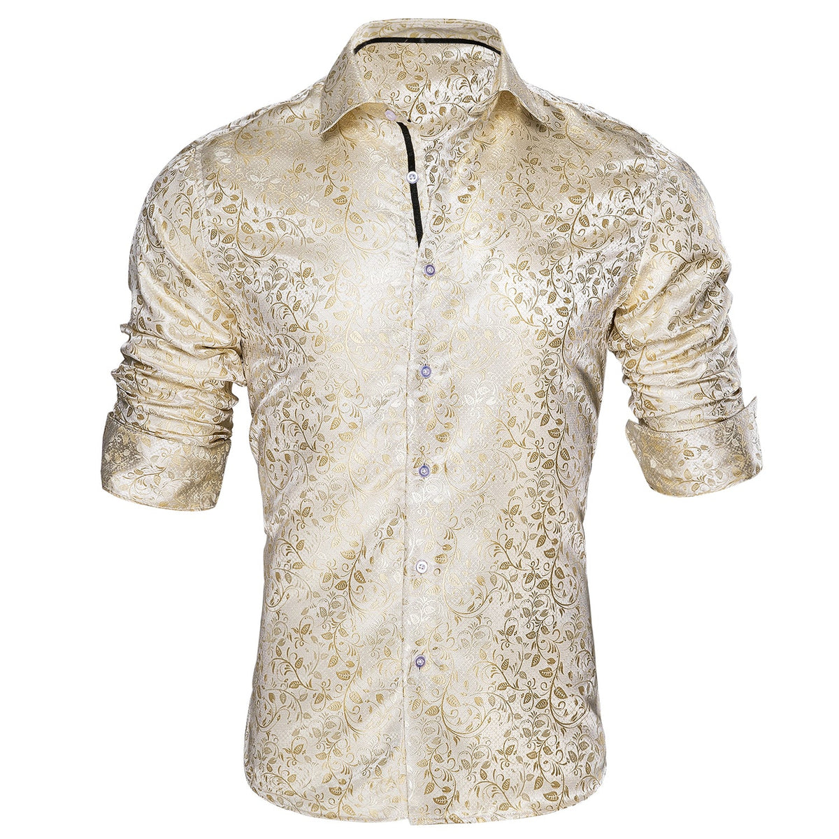 Mens Champagne Formal Shirt  Floral Wrinkle Free Long Sleeve Button Down Shirt