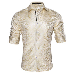 Mens Champagne Formal Shirt  Floral Wrinkle Free Long Sleeve Button Down Shirt