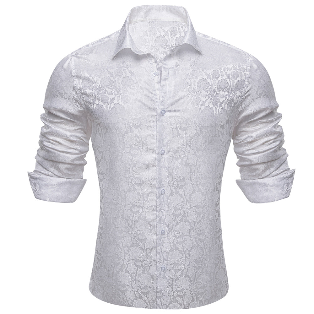 Mens White Dress Shirt Paisley Silk Long Sleeve Button Down Shirt