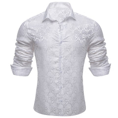 Mens White Dress Shirt Paisley Silk Long Sleeve Button Down Shirt