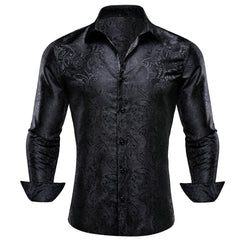 Mens Paisley Casual Shirt Black Silk Long Sleeve Button Down Shirt for Party