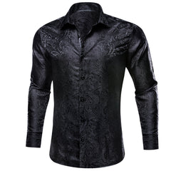 Mens Paisley Casual Shirt Black Silk Long Sleeve Button Down Shirt for Party