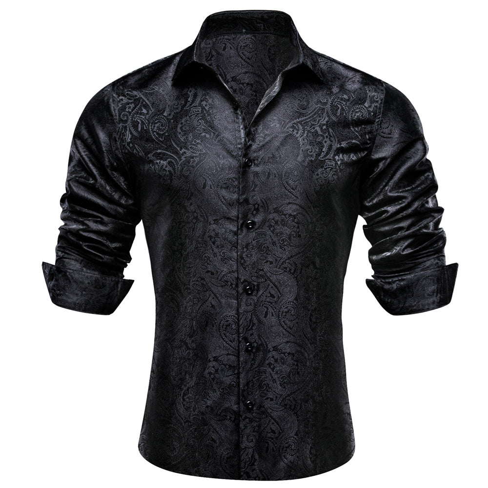Mens Paisley Casual Shirt Black Silk Long Sleeve Button Down Shirt for Party