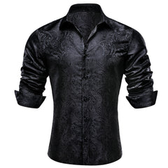 Mens Paisley Casual Shirt Black Silk Long Sleeve Button Down Shirt for Party
