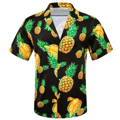 Men's Black Pineapple Floral Pattern Short Sleeves Summer Hawaii Shirt