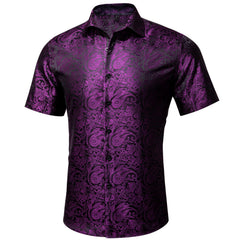 Mens Purple Dress Shirt Paisley Silk Short Sleeve Button Down Shirt