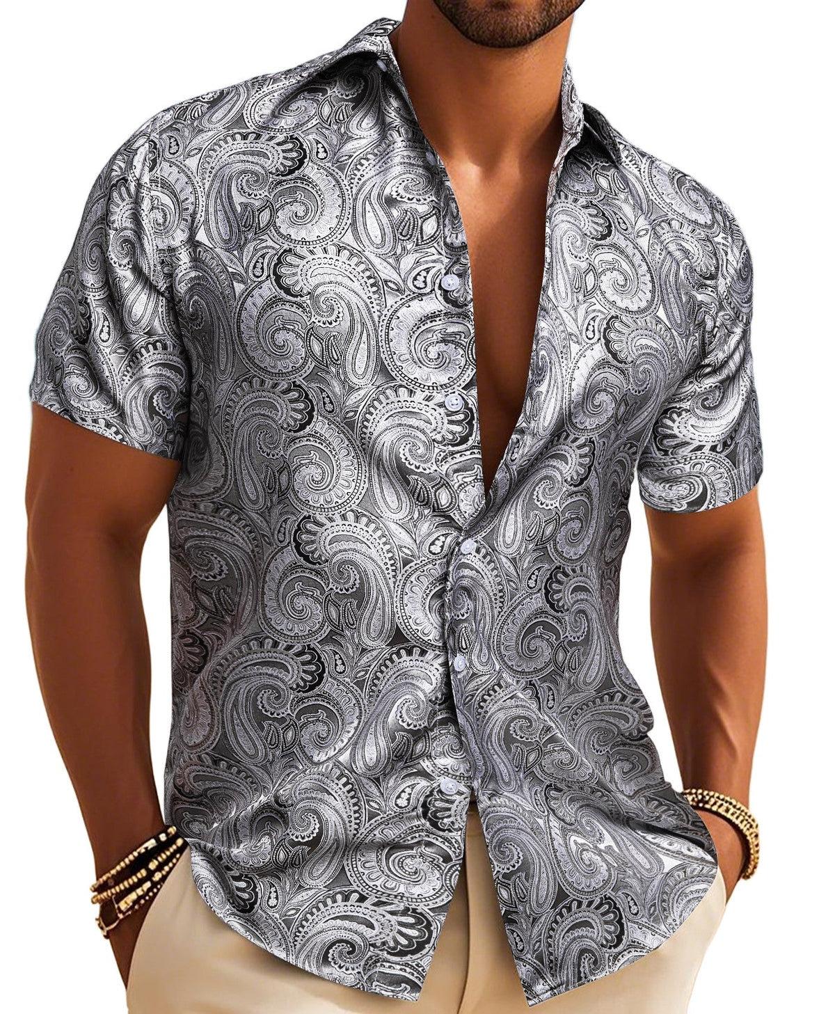 Silver Silk Paisley Tribal Short Sleeve Daily Slim Fit Men's Shirt