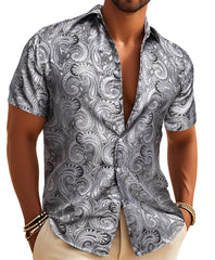 Silver Silk Paisley Tribal Short Sleeve Daily Slim Fit Men's Shirt