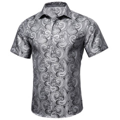 Silver Silk Paisley Tribal Short Sleeve Daily Slim Fit Men's Shirt