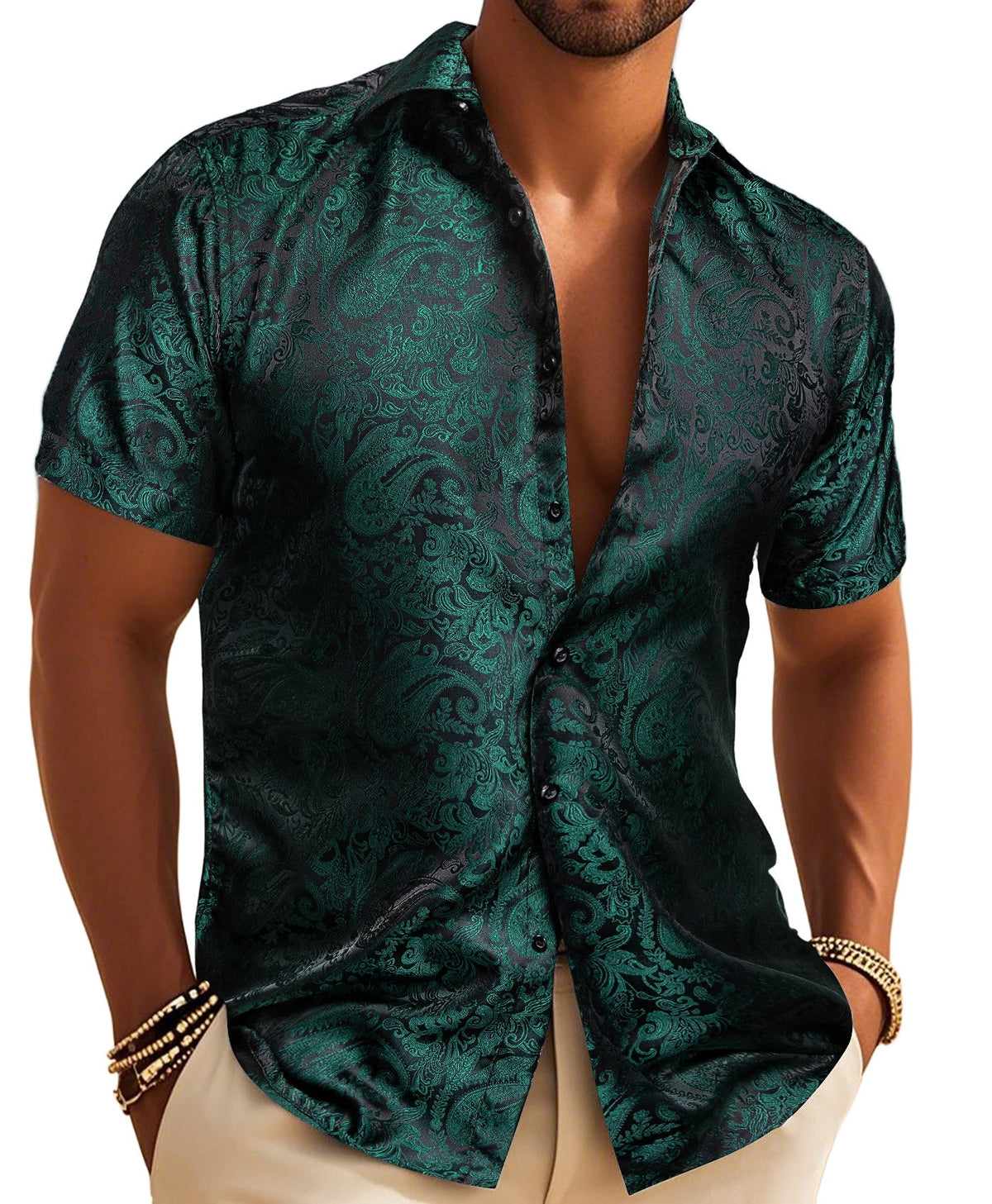 Green Shirt Silk Paisley Short Sleeve Slim Fit Men's Shirt