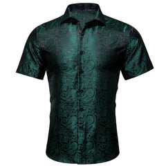 Green Shirt Silk Paisley Short Sleeve Slim Fit Men's Shirt