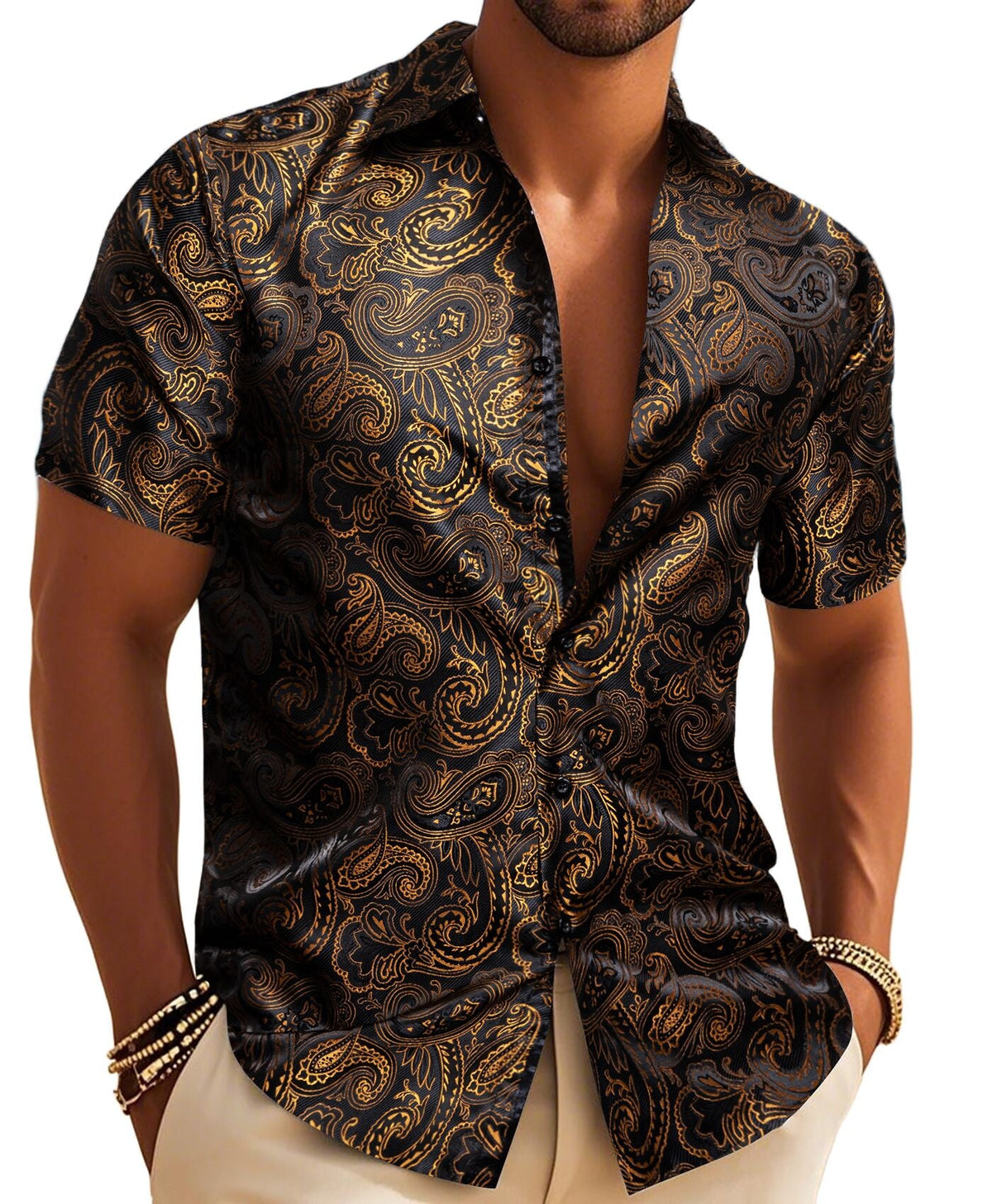 Gold Casual Shirt for Men Paisley Short Sleeve Button Down Shirt