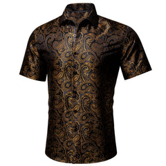 Gold Casual Shirt for Men Paisley Short Sleeve Button Down Shirt