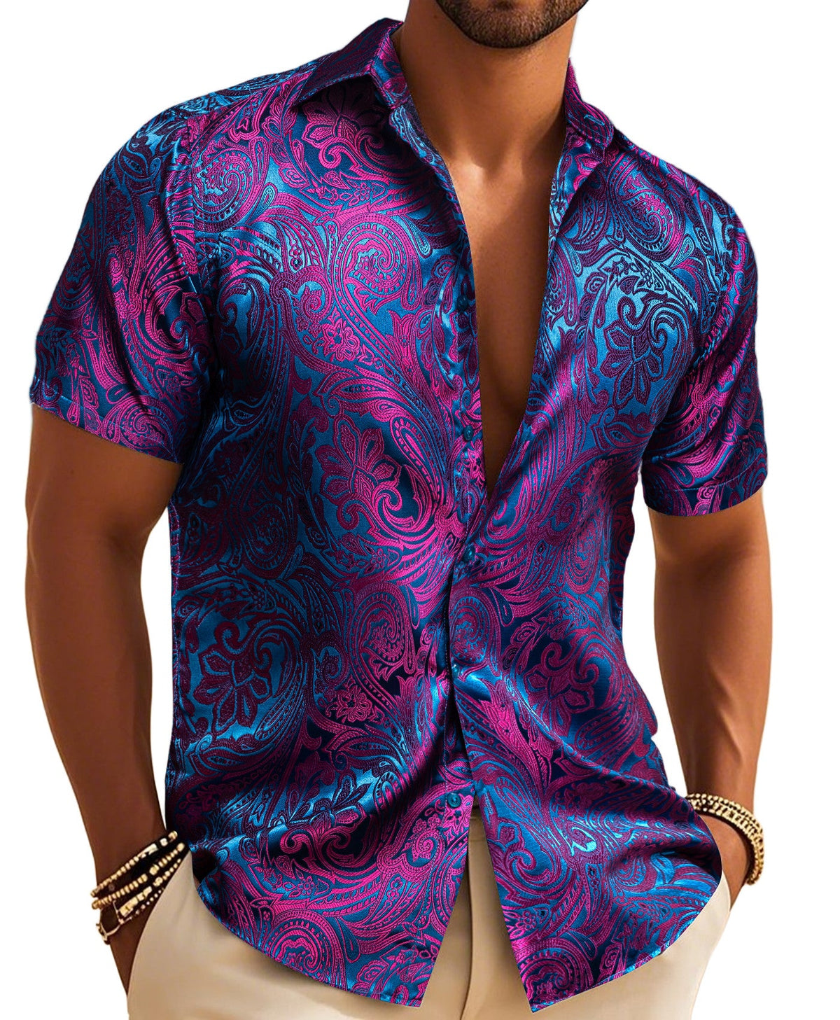 Mens Purple Dress Shirt 70s Disco Paisley Shirt Button Down Shirt Sleeve Tops