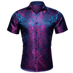 Mens Purple Dress Shirt 70s Disco Paisley Shirt Button Down Shirt Sleeve Tops