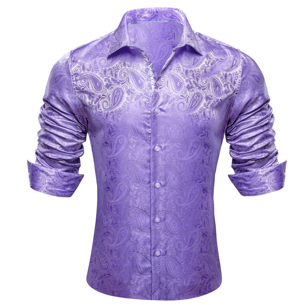 Mens Lavender Dress Shirt Paisley Silk Long Sleeve Button Down Formal Shirts