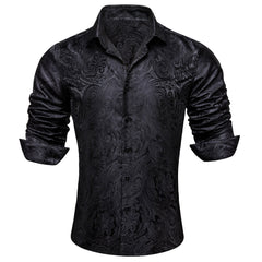 Mens Western Shirt Casual Black Paisley Jacquard Long Sleeve Button Down Shirt